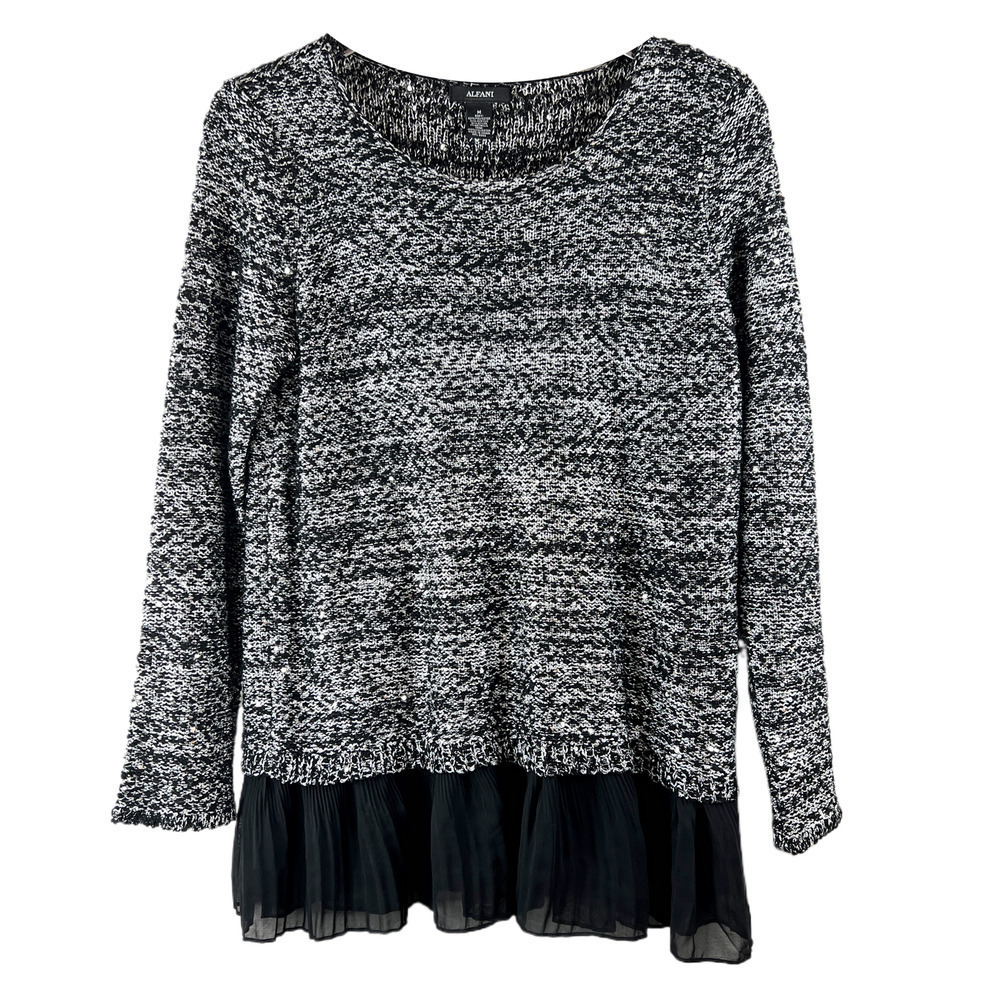 Alfani Layered-Look Sequined Sweater Black & Silver Long Sleeve Women's Size M